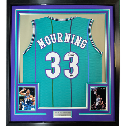 Framed Facsimile Autographed Alonzo Mourning 35x39 Charlotte Teal Reprint Laser Auto Basketball Jersey