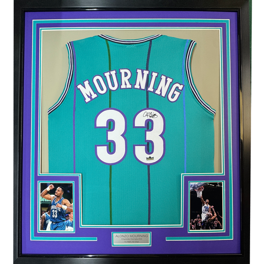 Framed Facsimile Autographed Alonzo Mourning 35x39 Charlotte Teal Reprint Laser Auto Basketball Jersey