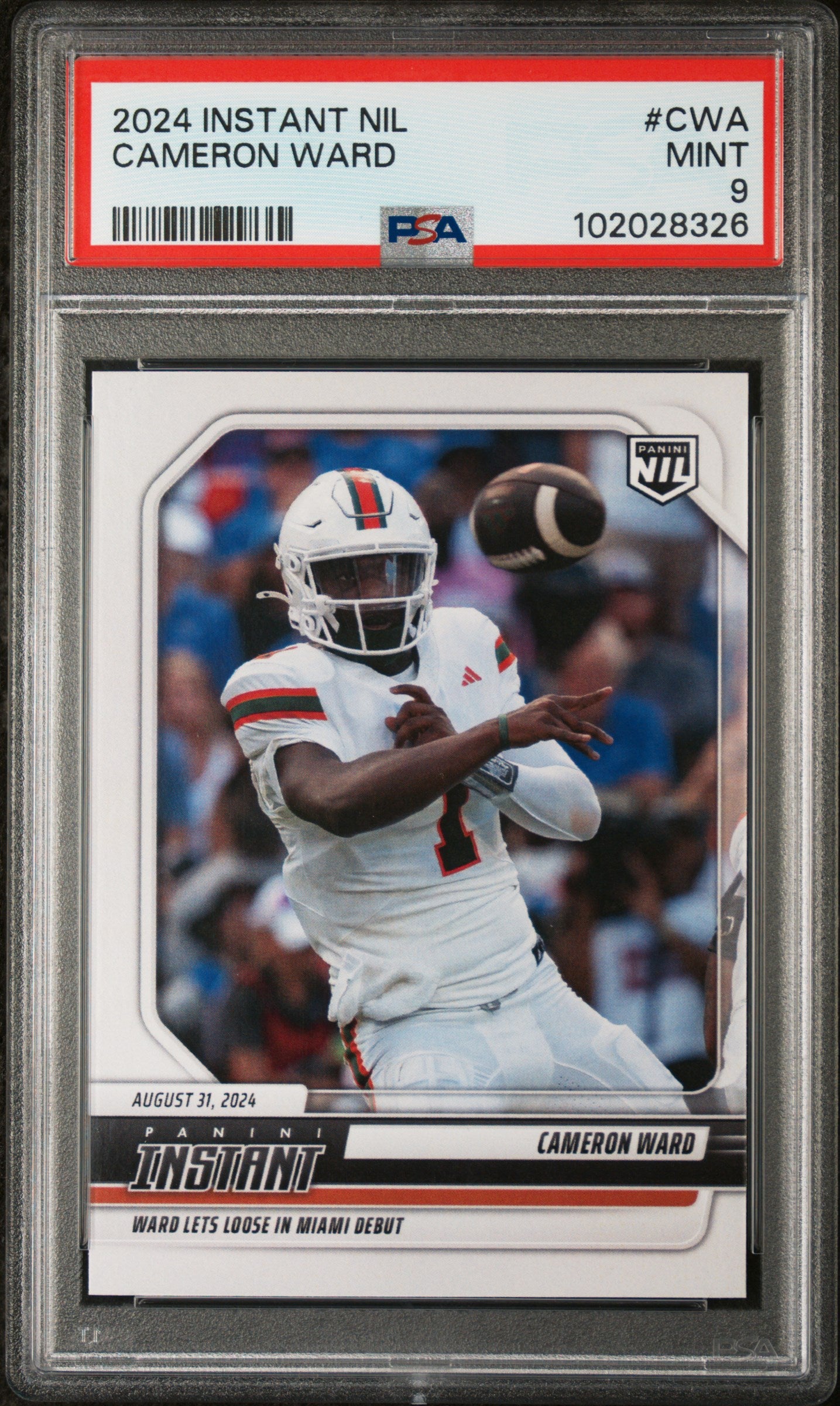 Graded 2024 Panini Instant NIL Cam Ward #CWA Rookie RC Football Card PSA 9 Mint
