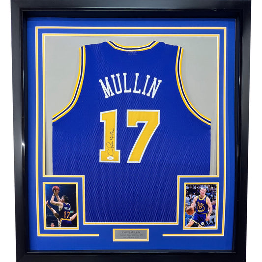 Framed Autographed/Signed Chris Mullin 35x39 Golden State Blue Basketball Jersey JSA COA