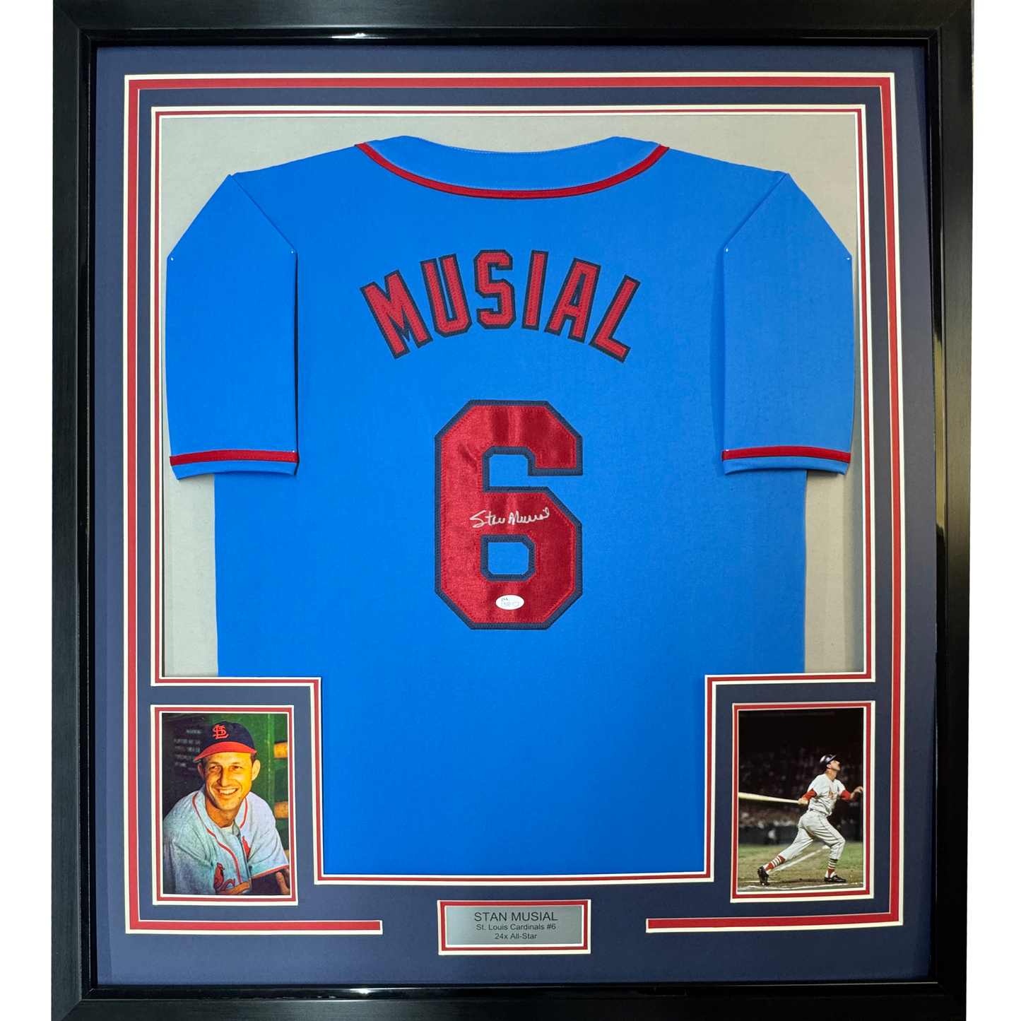 Framed Autographed/Signed Stan Musial 35x39 St. Louis Blue Baseball Jersey JSA COA