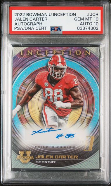 Graded 2022 Topps Bowman U Inception Jalen Carter #JCR Rookie RC Football Card PSA 10 Auto/Card Grade Gem Mint