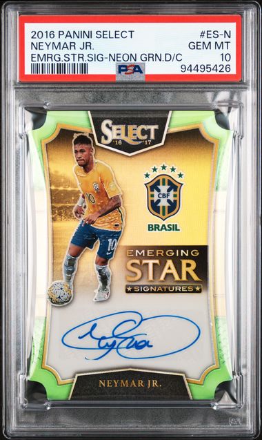 Graded 2016 Panini Select Neymar Jr. #ESN /25 Emerging Star Signatures Neon Green Die Cut Rookie RC Soccer Card PSA 10 Gem Mint