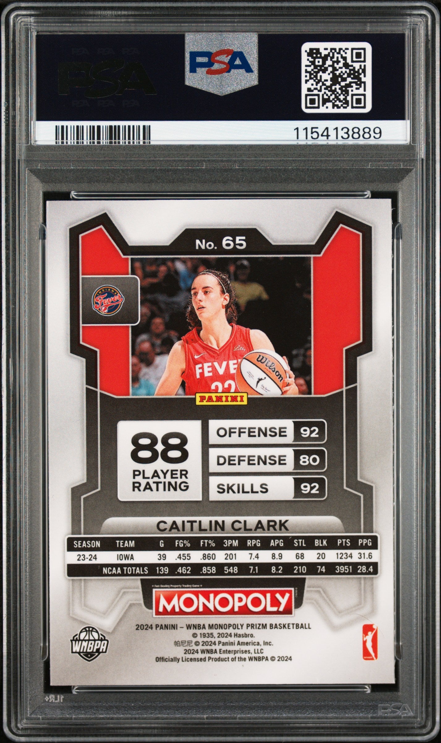 Graded 2024 Panini Prizm Monopoly WNBA Caitlin Clark #65 Rookie RC Basketball Card PSA 7 Near Mint