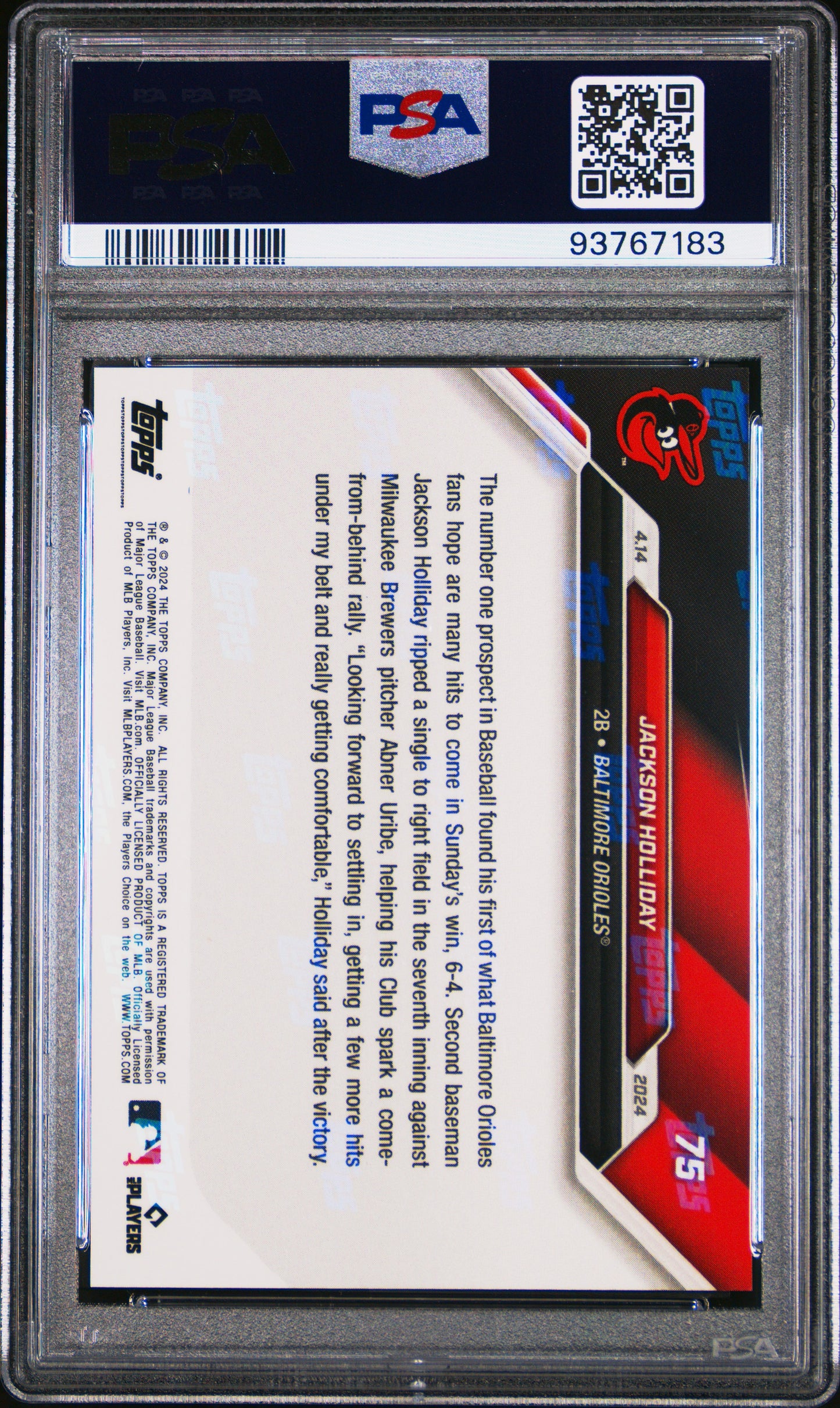 Graded 2024 Topps Now Jackson Holliday #75 1st Career Hit Rookie RC Baseball Card PSA 10 Gem Mint
