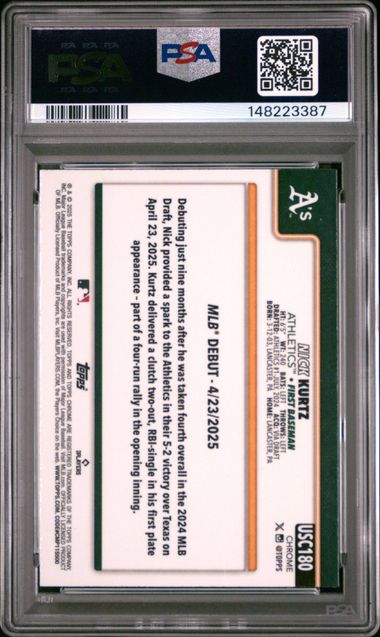 Graded 2025 Topps Chrome Update Nick Kurtz #180 /250 Purple Raywave Rookie RC Baseball Card PSA 9 Mint