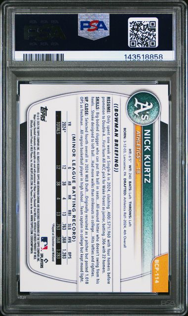 Graded 2025 Bowman Chrome Nick Kurtz #BCP114 /50 Gold Geometric Rookie RC Baseball Card PSA 9 Mint