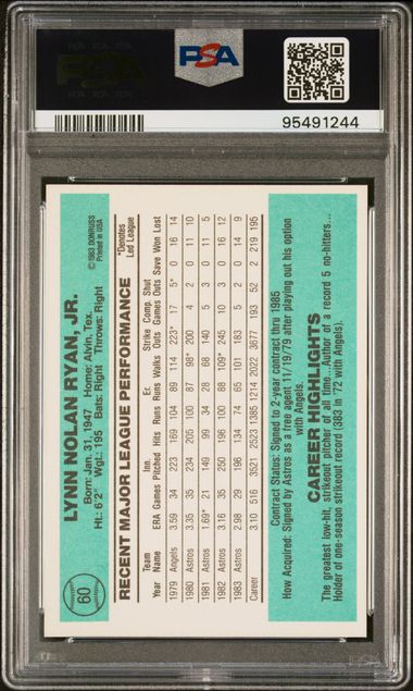 Graded 1984 Donruss Nolan Ryan #60 Baseball Card PSA 8 NM-MT
