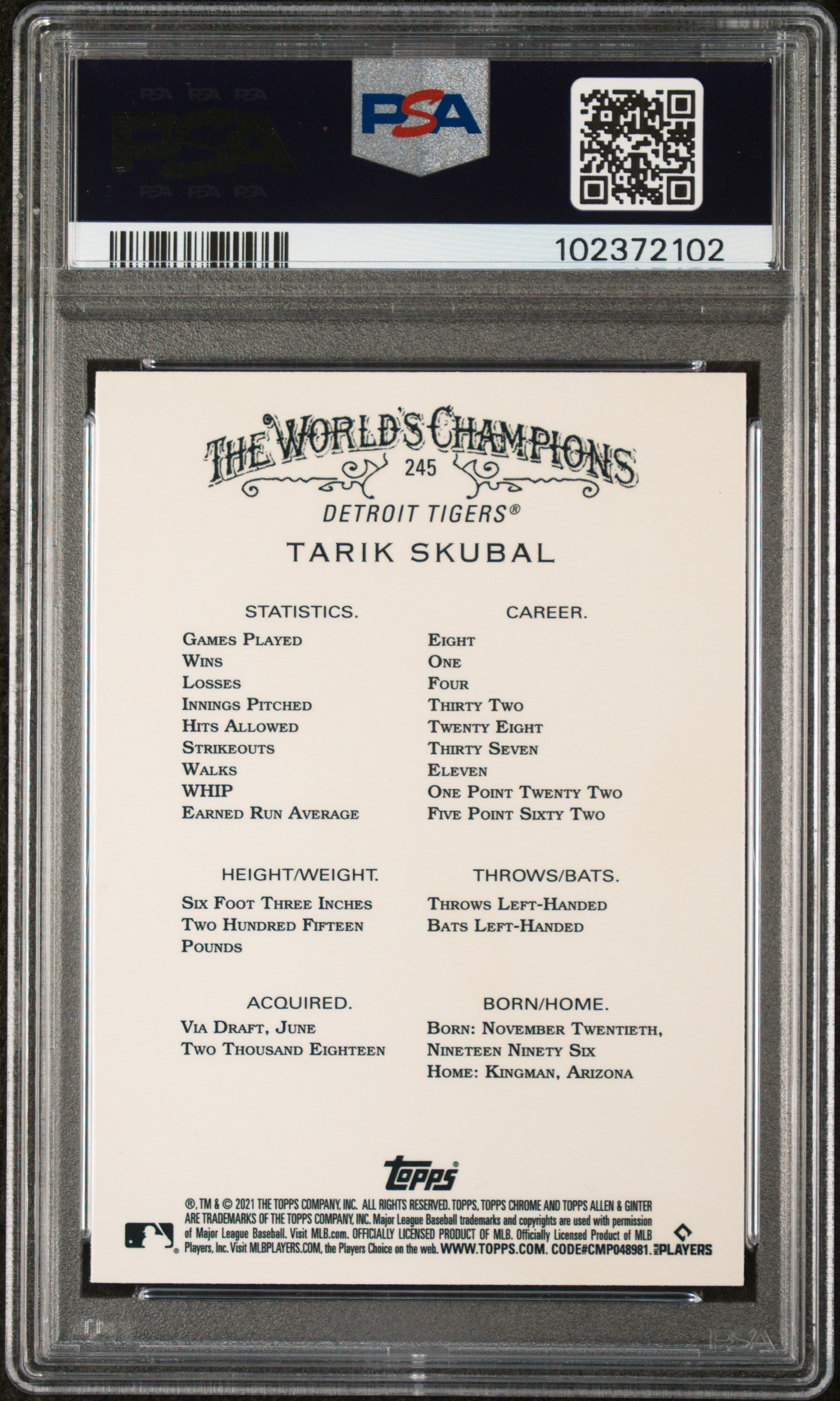 Graded 2021 Topps Allen & Ginter Chrome Tarik Skubal #245 Rookie RC Baseball Card PSA 10 Gem Mint
