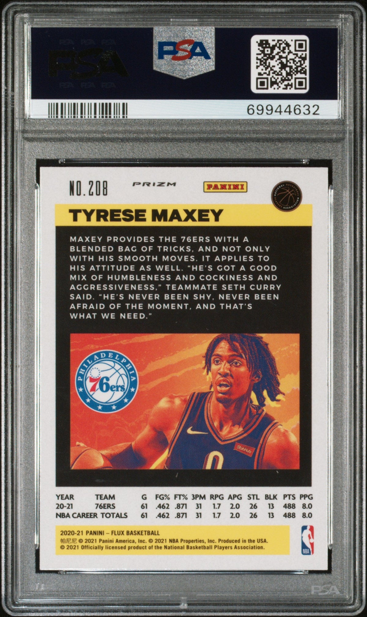 Graded 2020 Panini Flux Tyrese Maxey #208 Fanatics Cracked Ice Rookie RC Basketball Card PSA 10 Gem Mint