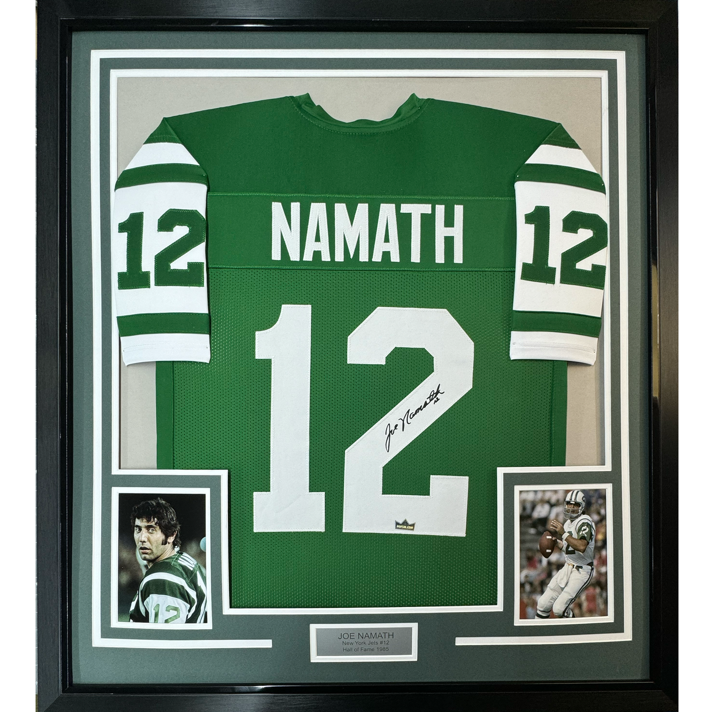 Framed Facsimile Autographed Joe Namath 35x39 New York Green Reprint Laser Auto Football Jersey