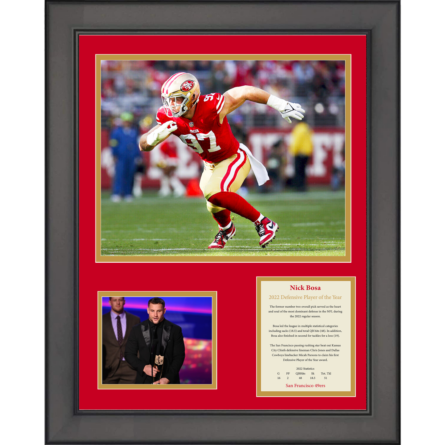 Framed Nick Bosa 2022 Defensive Player of The Year Award San Francisco 49ers 11"x14" Football Three Photo Collage