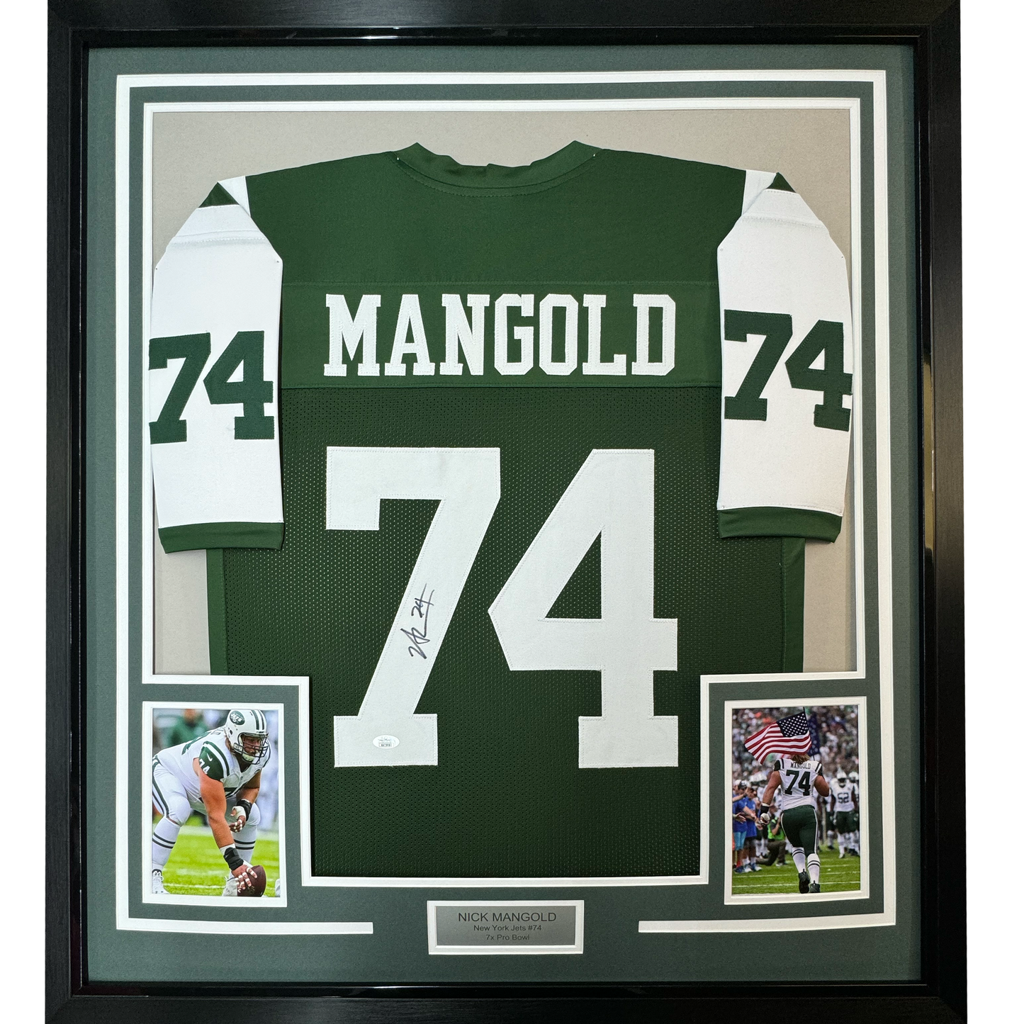 Framed Autographed/Signed Nick Mangold 35x39 New York Green Football Jersey JSA COA