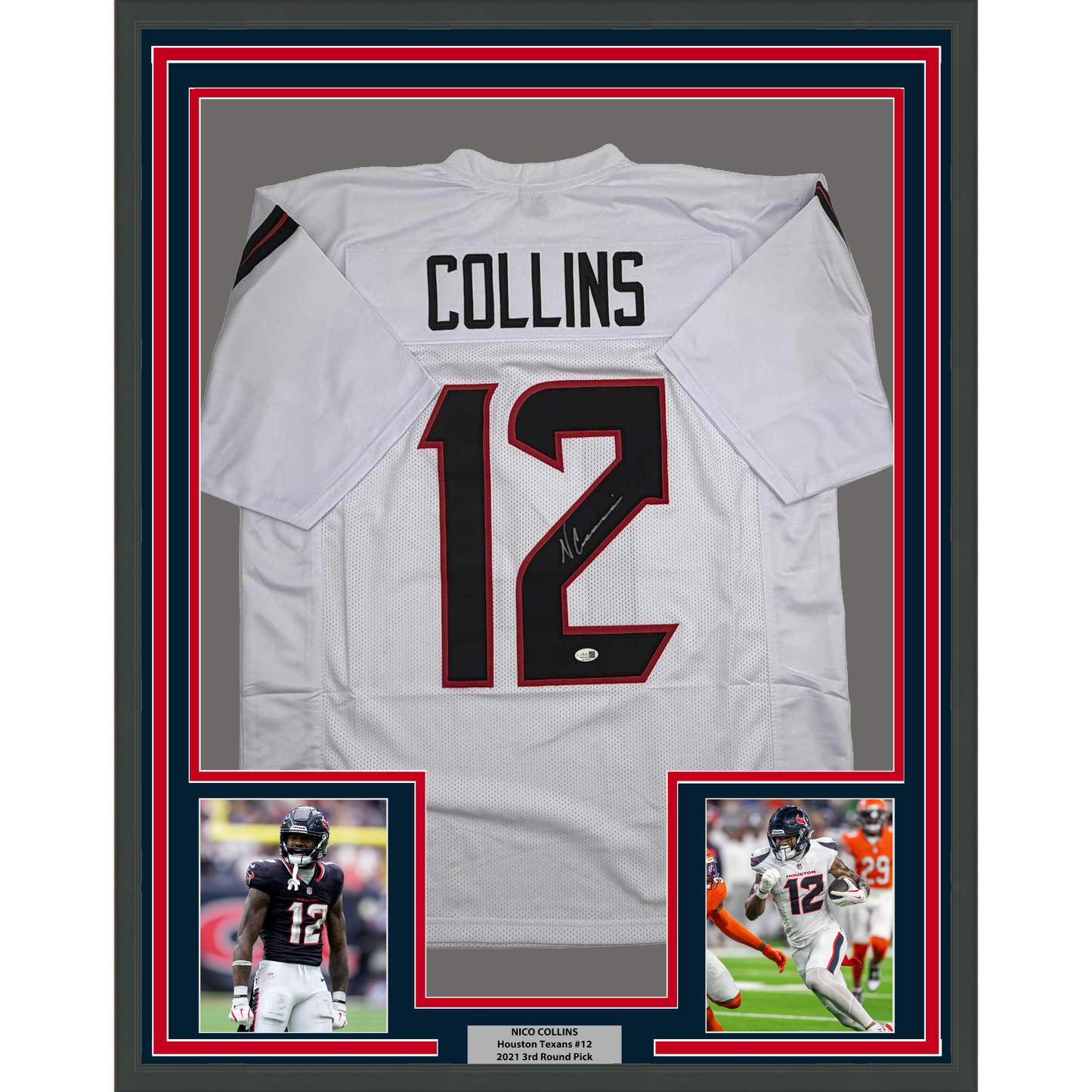 Framed Autographed/Signed Nico Collins 35x39 Houston White Football Jersey JSA COA