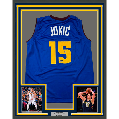 Framed Facsimile Autographed Nikola Jokic 35x39 Denver Royal Blue Reprint Laser Auto Basketball Jersey