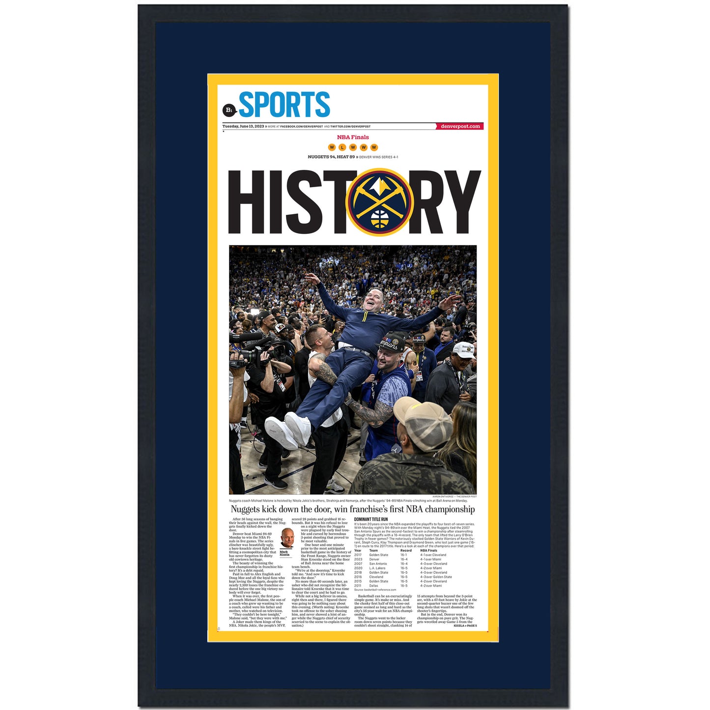Framed Denver Post Nuggets 2023 NBA Champions 14x24 Basketball Newspaper Cover Photo Professionally Matted V2