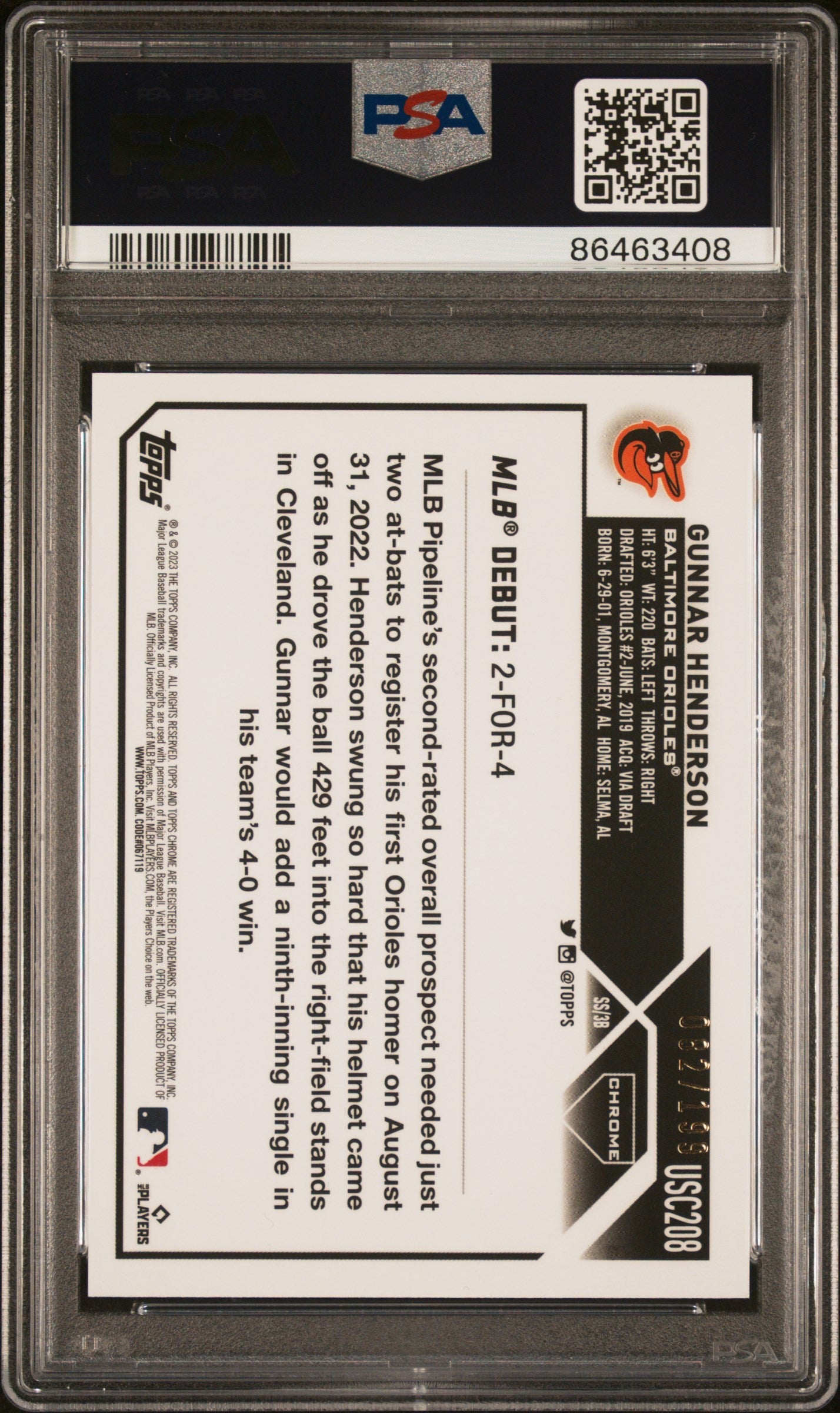 Graded 2023 Topps Chrome Update Gunnar Henderson #USC208 Aqua #/199 Rookie RC Baseball Card PSA 10 Gem Mint