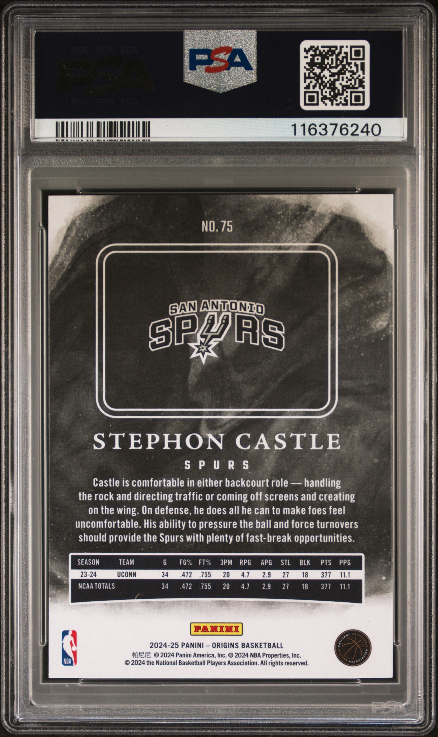 Graded 2024 Panini Origins Stephon Castle #75 Rookie RC Basketball Card PSA 10 Gem Mint