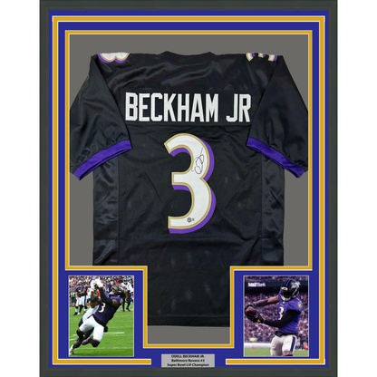 Framed Autographed/Signed Odell Beckham Jr. 35x39 Baltimore Black Football Jersey Beckett BAS COA