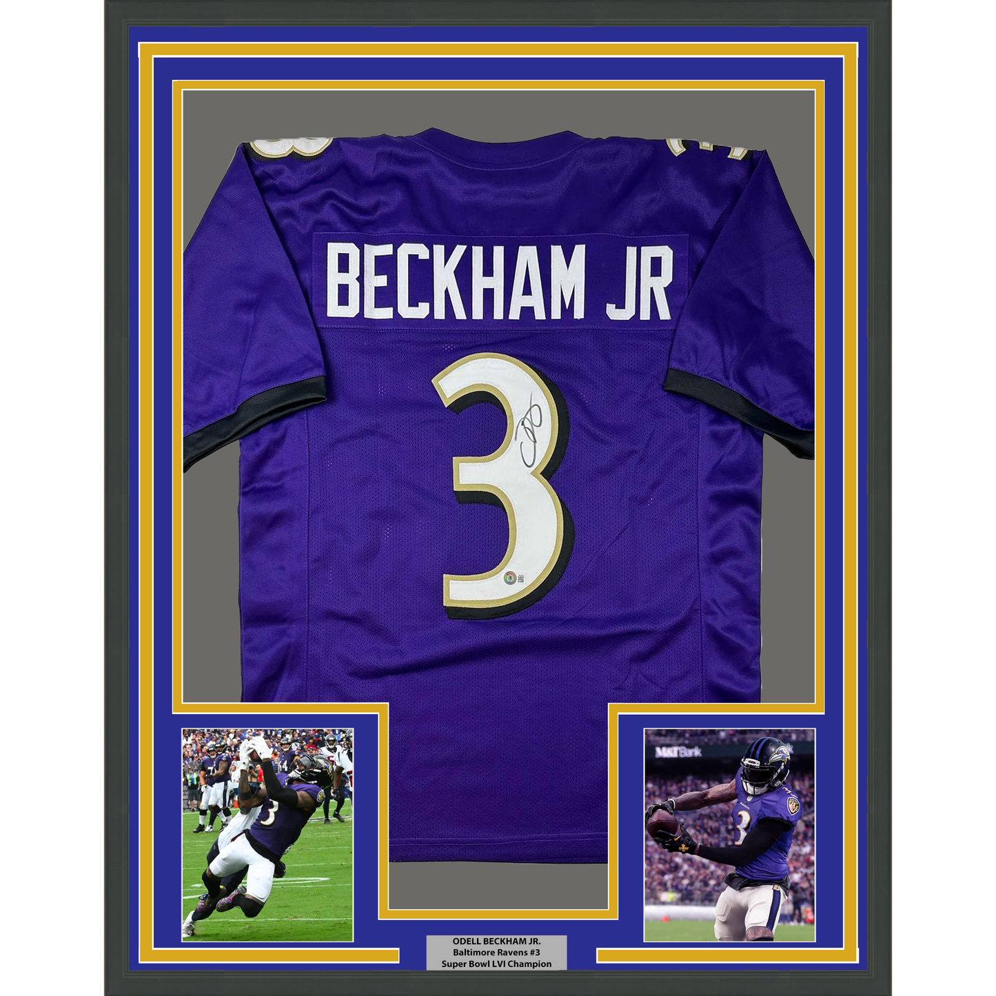 Framed Autographed/Signed Odell Beckham Jr. 35x39 Baltimore Purple Football Jersey Beckett BAS COA