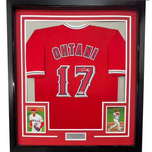 Framed Facsimile Autographed Shohei Ohtani 35x39 Los Angeles LA Anaheim Red Reprint Laser Auto Baseball Jersey