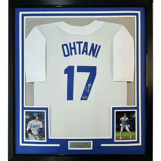 Framed Facsimile Autographed Shohei Ohtani 35x39 Los Angeles LA White Reprint Laser Auto Baseball Jersey