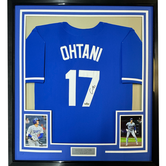 Framed Facsimile Autographed Shohei Ohtani 35x39 Los Angeles LA Blue Reprint Laser Auto Baseball Jersey