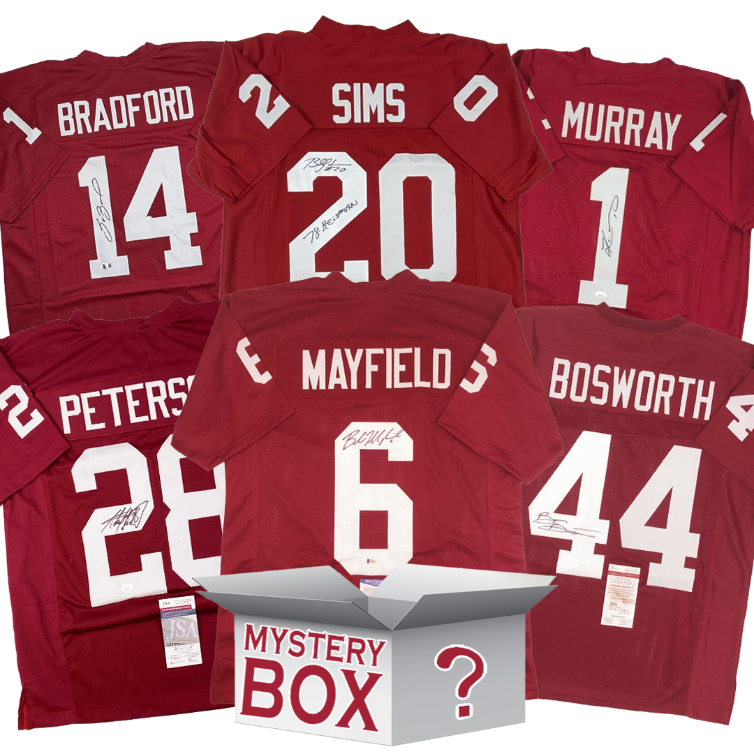 Autographed/Signed University of Oklahoma College Football Jersey Mystery Box with PSA JSA or Beckett COA