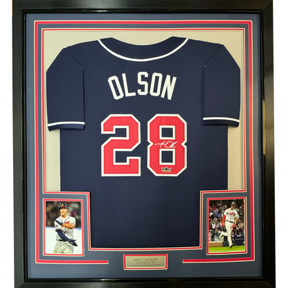 Framed Facsimile Autographed Matt Olson 35x39 Atlanta Blue Reprint Laser Auto Baseball Jersey