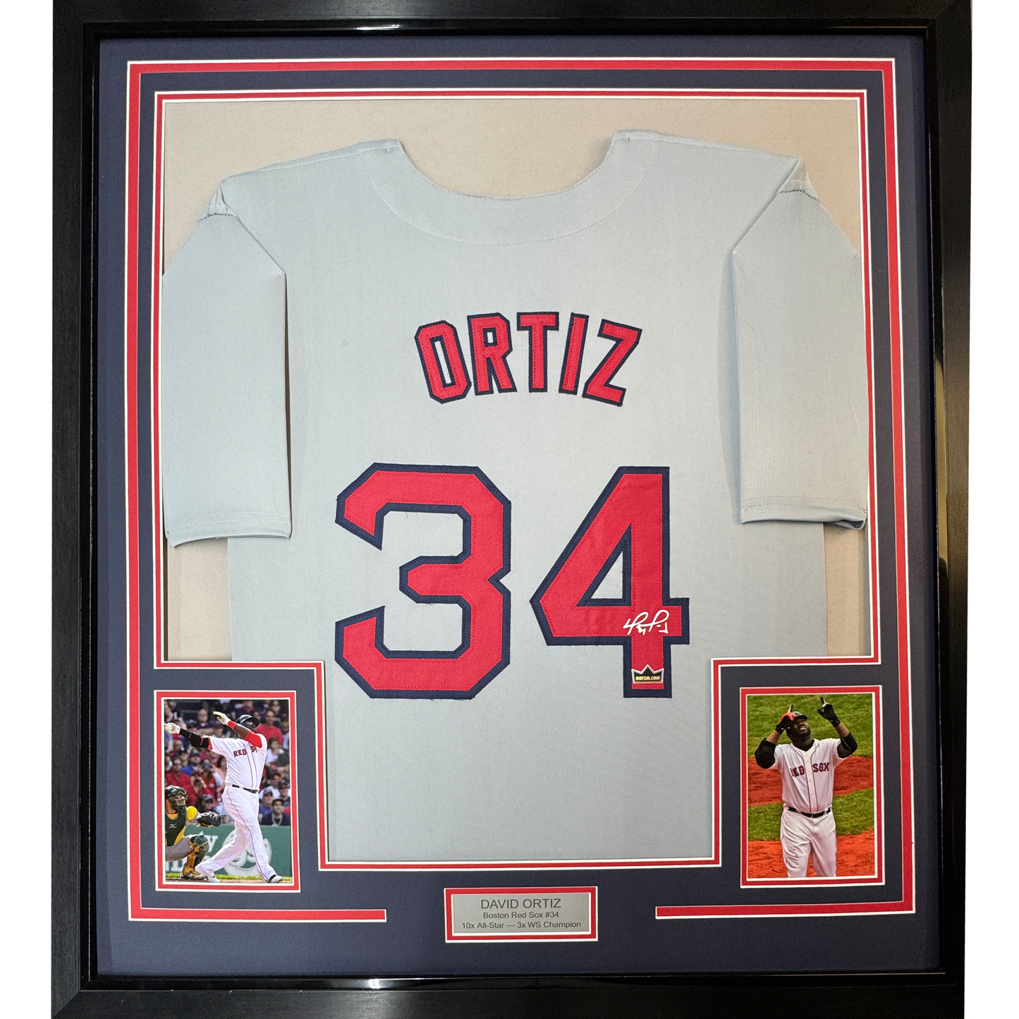 Framed Facsimile Autographed David Ortiz 35x39 Boston Grey Reprint Laser Auto Baseball Jersey