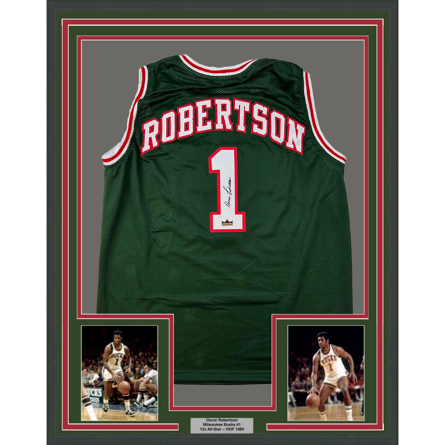Framed Facsimile Autographed Oscar Robertson 35x39 Milwaukee Green Reprint Laser Auto Basketball Jersey