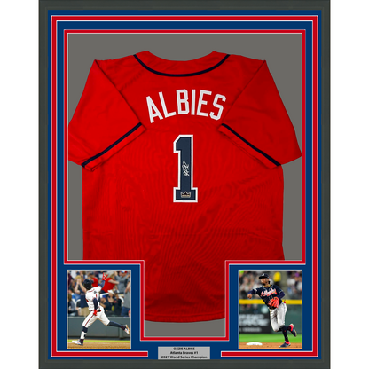 Framed Facsimile Autographed Ozzie Albies 35x39 Atlanta Red Reprint Laser Auto Baseball Jersey