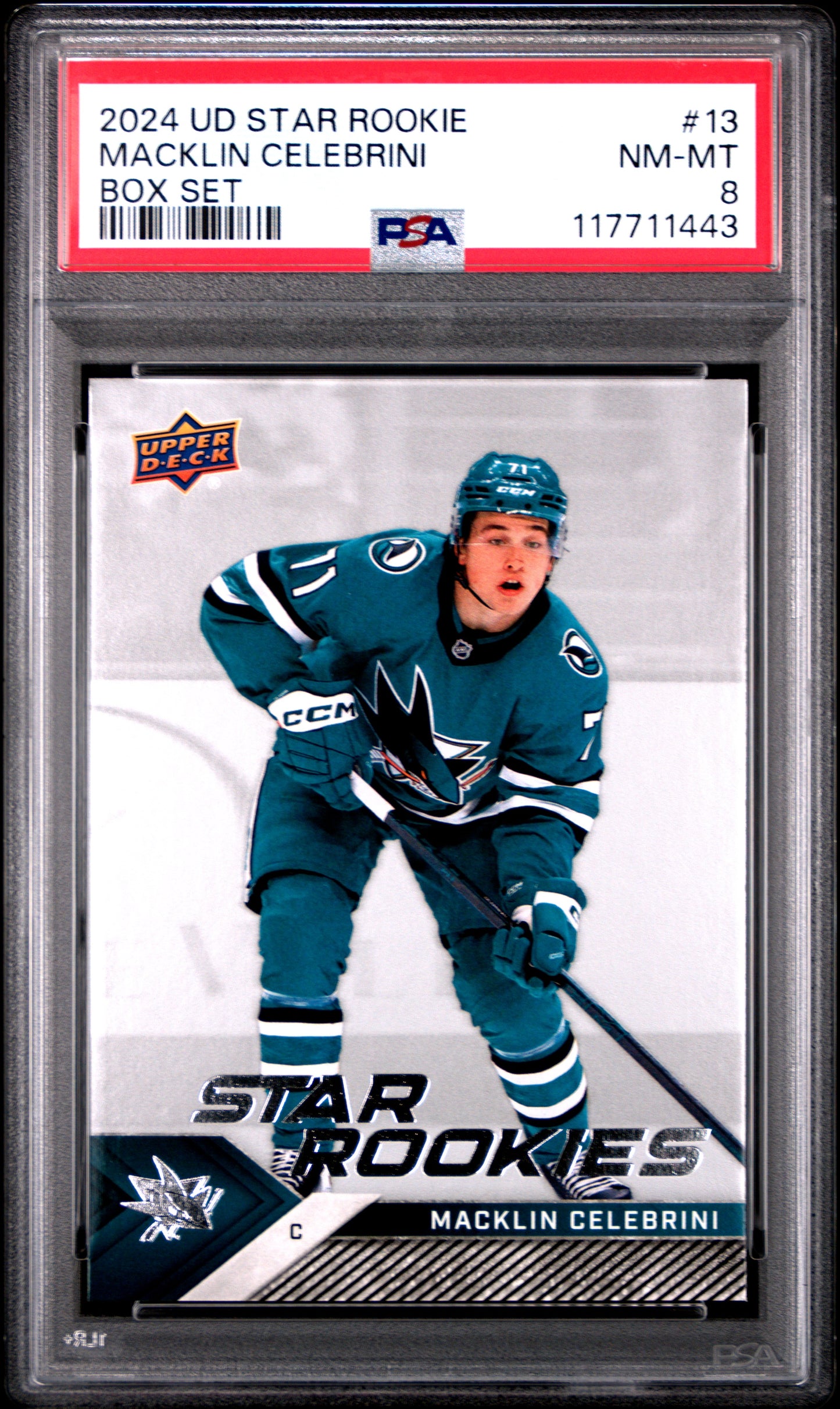 Graded 2024 Upper Deck Star Rookie Macklin Celebrini #13 Box Set Rookie RC Hockey Card PSA 8 Near Mint