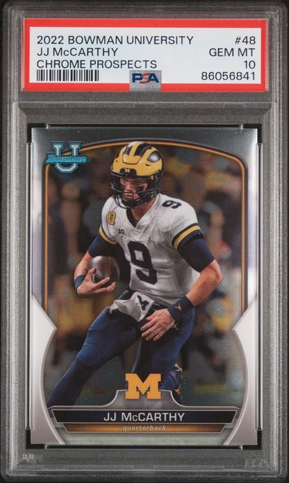 Graded 2022 Topps Bowman University JJ McCarthy #48 Chrome Prospects Rookie RC Football Card PSA 10 Gem Mint