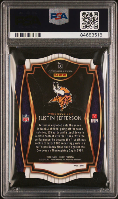 Graded 2020 Panini Select Justin Jefferson #161 Die Cut White Prizm Rookie RC Football Card PSA 10 Gem Mint
