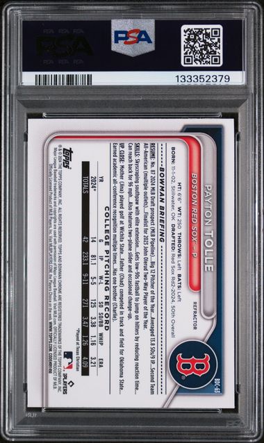 Graded 2024 Topps Bowman Draft Payton Tolle #BDC63 Chrome Refractor Rookie RC Baseball Card PSA 9 Mint