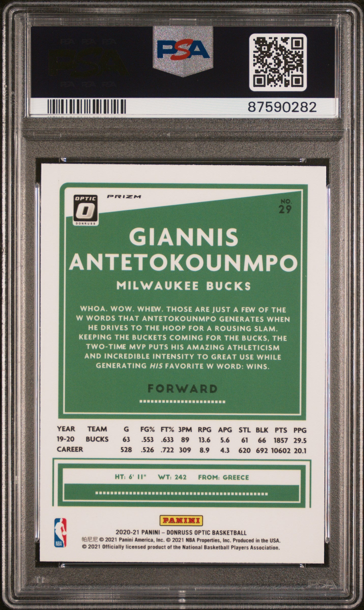 Graded 2020 Panini Donruss Optic Giannis Antetokounmpo #29 Hyper Pink Basketball Card PSA 10 Gem Mint