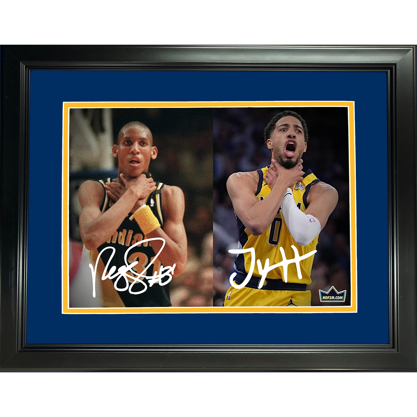 Framed Tyrese Haliburton & Reggie Miller Choke Indiana Pacers Eastern Conference Finals vs Knicks Facsimile Laser Engraved Signature Auto 11"x14" Basketball Photo HOFSM Holo