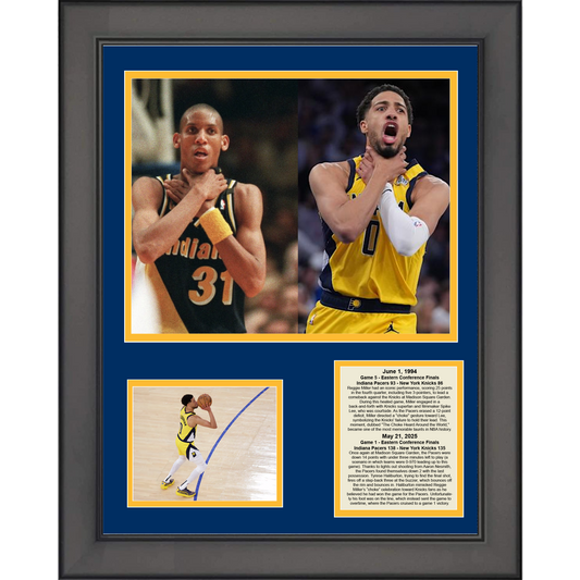 Framed Tyrese Halburton Reggie Miller Choke Celebration Indiana Pacers Game 1 2025 NBA Eastern Conference Finals Basketball 11"x14" Three Photo Collage