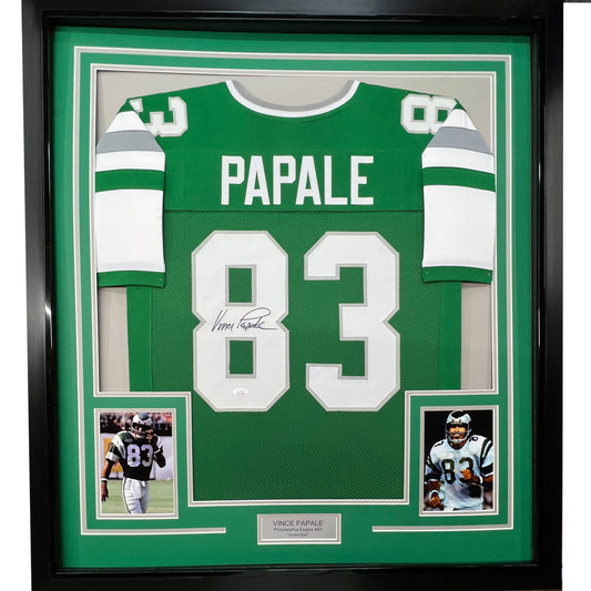Framed Autographed/Signed Vince Papale 35x39 Philadelphia Green Football Jersey JSA COA