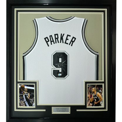 Framed Autographed/Signed Tony Parker 35x39 San Antonio White Basketball Jersey Beckett BAS COA