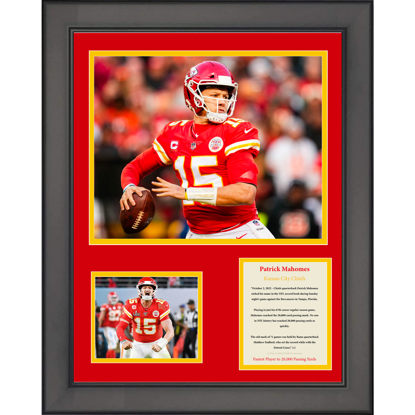 Framed Patrick Mahomes Fastest Player to 20,000 Passing Yards Record Kansas City Chiefs Football 11"x14" Three Photo Collage