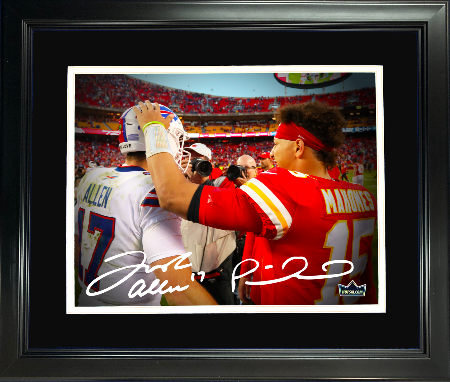 Framed Patrick Mahomes & Josh Allen Dual Facsimile Laser Engraved Signature Auto 11"x14" Football Photo HOFSM Holo