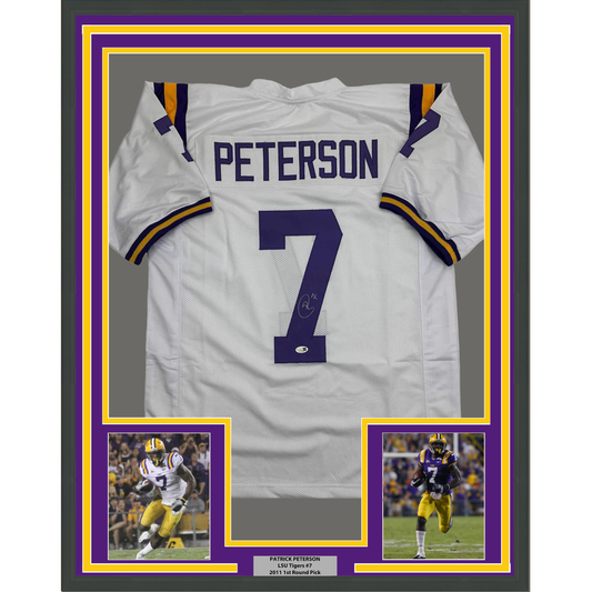 Framed Autographed/Signed Patrick Peterson 35x39 LSU White College Football Jersey JSA COA