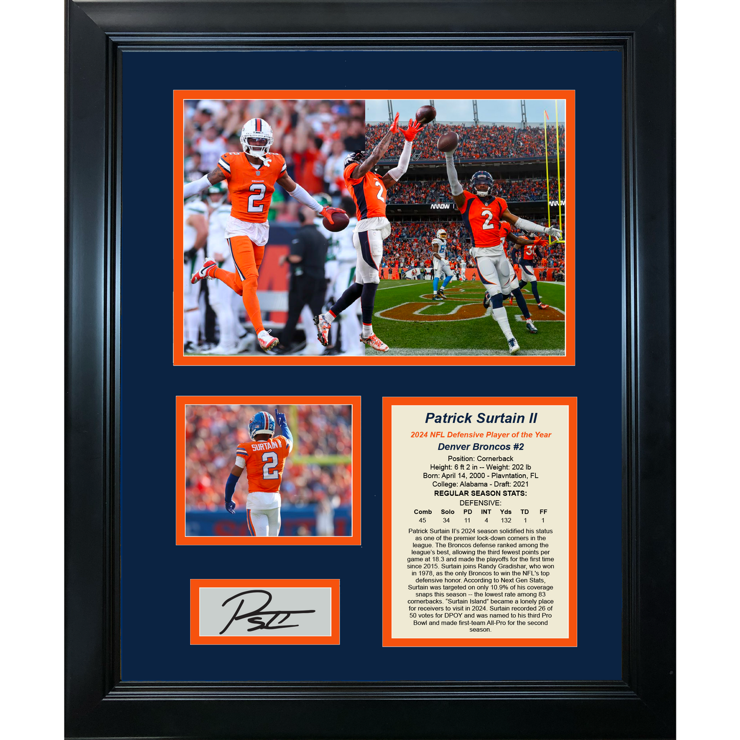 Framed Patrick Surtain II 2024 NFL Defensive Player of the Year Facsimile Laser Engraved Signature Auto Denver Broncos 11"x14" Photo Sig Collage
