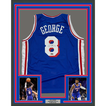 Framed Facsimile Autographed Paul George 35x39 Philadelphia Blue Reprint Laser Auto Basketball Jersey