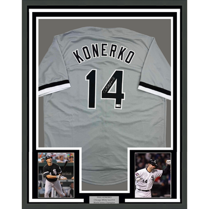 Framed Autographed/Signed Paul Konerko 35x39 Chicago Grey Baseball Jersey TriStar COA