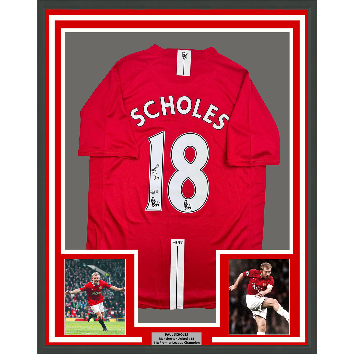 Framed Autographed/Signed Paul Scholes 35x39 Manchester United Red Soccer Jersey Beckett BAS COA