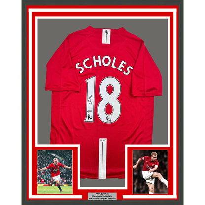 Framed Autographed/Signed Paul Scholes 35x39 Manchester United Red Soccer Jersey Beckett BAS COA