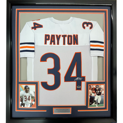 Framed Facsimile Autographed Walter Payton 35x39 Chicago White Reprint Laser Auto Football Jersey Size Men's XL